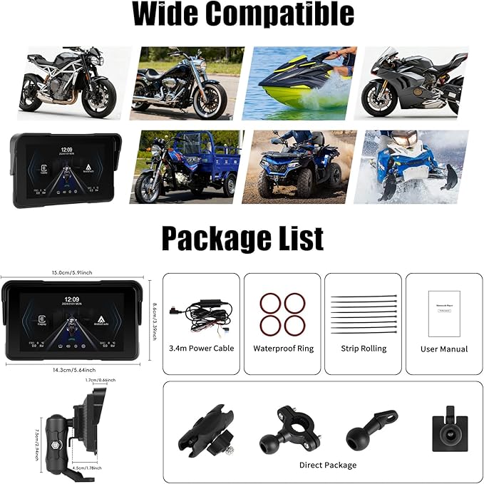 CAMECHO Motorcycle Wireless CarPlay & Android Auto Screen, 5" IP68 Waterproof HD for Moto Motorbike Touchscreen Car Stereo Support Bluetooth, GPS, Siri, USB Upgrade TF 12V