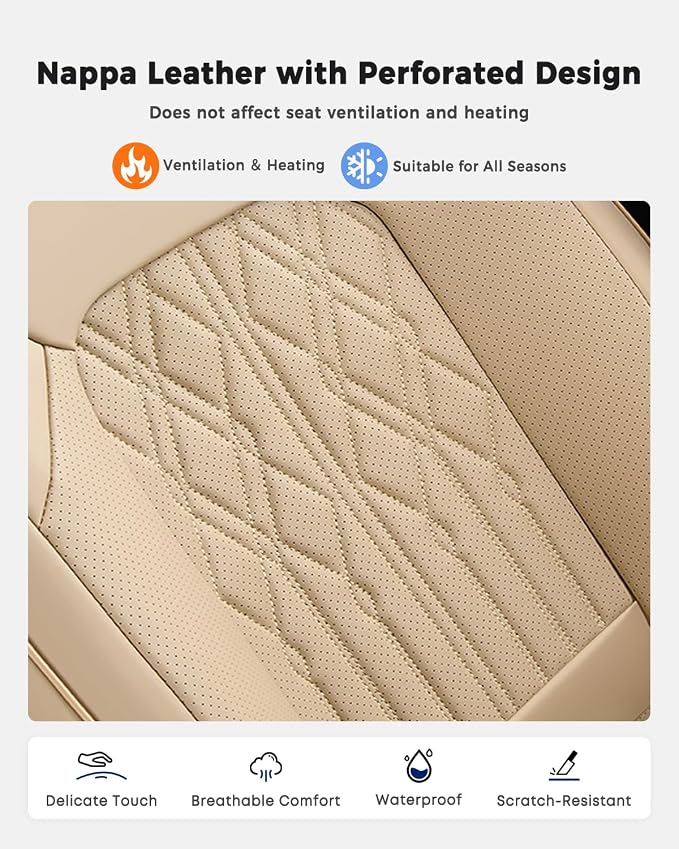 Huidasource Car Seat Covers Full Set, Leather Seat Cover Universal Fit for Most Cars Sedans SUVs Trucks, Airbag Compatible, Cup Holder Access, Easy Install, Wipes Clean, Wear-Resistant, Beige