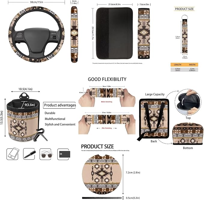 XYZCANDO Aztec Tribe Car Interior Sets 15 PCS Car Seat Cover Set Steering Wheel Cover Storage Box Garbage Bag Seat Belt Pads Cover Car Rear View Mirror Cover Coasters Keychain for Sedans Van SUV