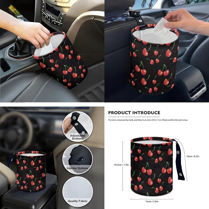 15 Pcs Cherry Car Seat Cover Full Set for Women with Car Steering Wheel Cover Seat Belt Cover Trash Bin Front Rear View Mirror Car Cup Holder Keychain