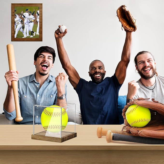 Hooqict Softball Display Case Clear Acrylic Ball Holder UV Protected with Wood Base Stand, Softball Case Display Box Championship Square Box for Golf Tennis Game Ball Baseball
