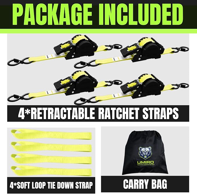 Retractable Ratchet Straps, 4-Pack, 1 Inch x 12 Feet Heavy Duty Tie Downs, 1760lb Break Strength, Self Retracting for Truck, Cargo, Trailer, Motorcycle, ATV, UTV (Yellow, 4pack)