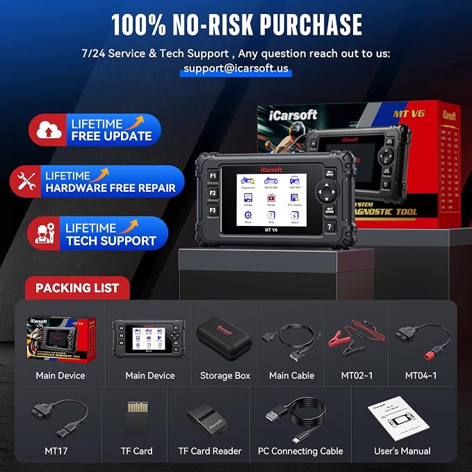 iCarsoft MT V6 Motorcycle OBD2 Scanner for Aprilia, Full-System Motorcycle Bidirectional Diagnostic Tool with 88 Resets & 122 Active Test, Battery Test, 2 in 1 Motor Scan Tool+Car OBD2 Diagnostics