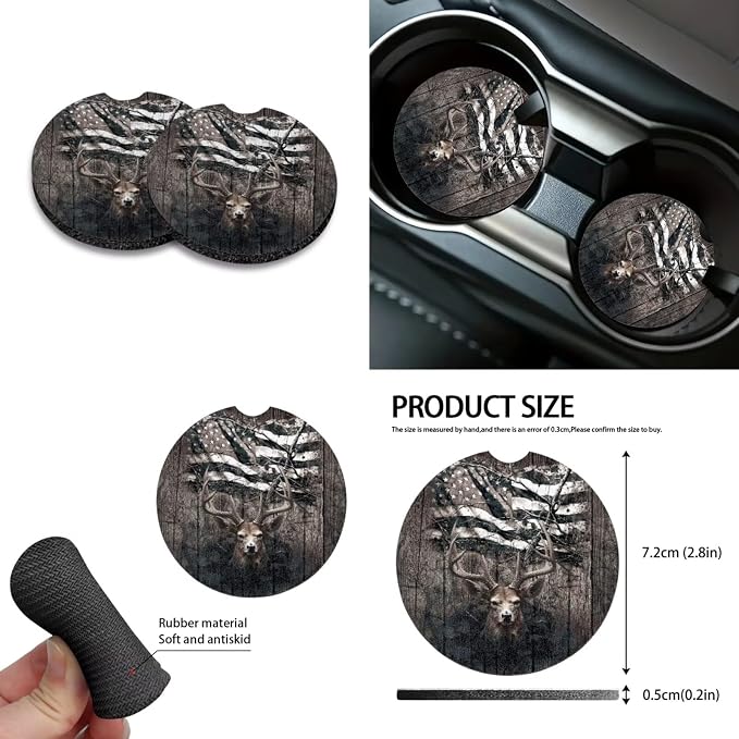 Deer Wood American Flag Pattern 10 Pcs Auto Accessories, Car Front and Rear Seat Covers Full Set Steering Wheel Cover Air Vent Pounch Box Car Rubbish Bin Cup Coasters Keychain for Women Men