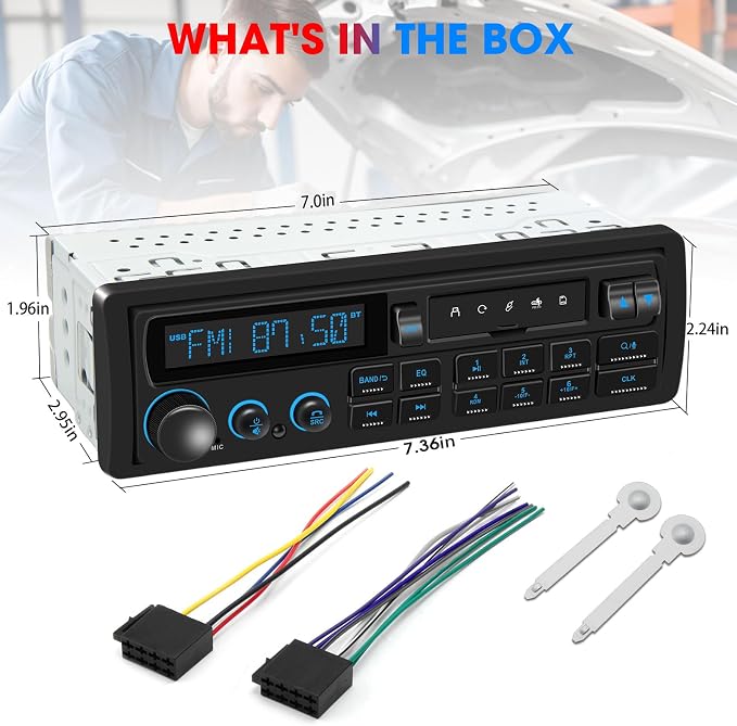 Single Din Retro Car Radio: European Style Stereo for Classic Vehicles - Bluetooth FM AM USB SD AUX USB-C Fast Charge 4-CHN 2 Subwoofer Outputs SWC