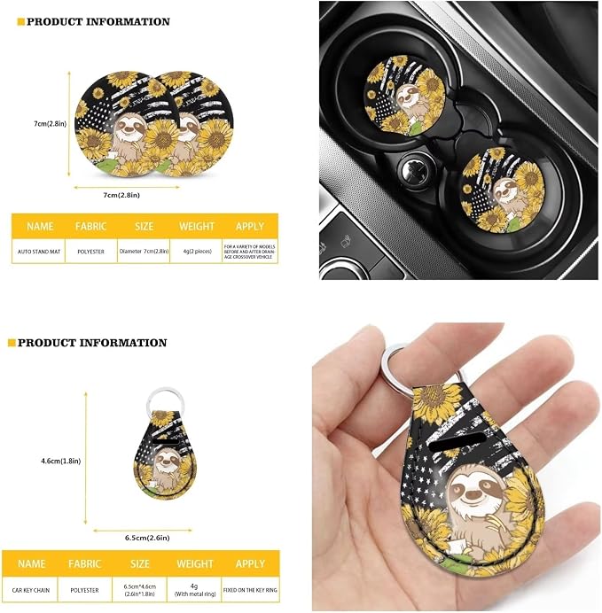 Suobstales Sloth Sunflower Car Accessories for Women Men American Flag Print Car Seat Cover Protector with Steering Wheel Cover,Seat Belt Shoulder Strap Pad, Coasters, Keychains for Car SUV Truck