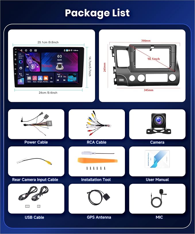 4G 64G Car Stereo for Honda Civic 2006-2011 Radio with 10.1inch 1280x720 Touch Screen AI Radio DSP 32EQ Wireless Carplay Android Auto Bluetooth 5.0 GPS FM/RDS 5G WiFi MirrorLink AHD Backup Camera