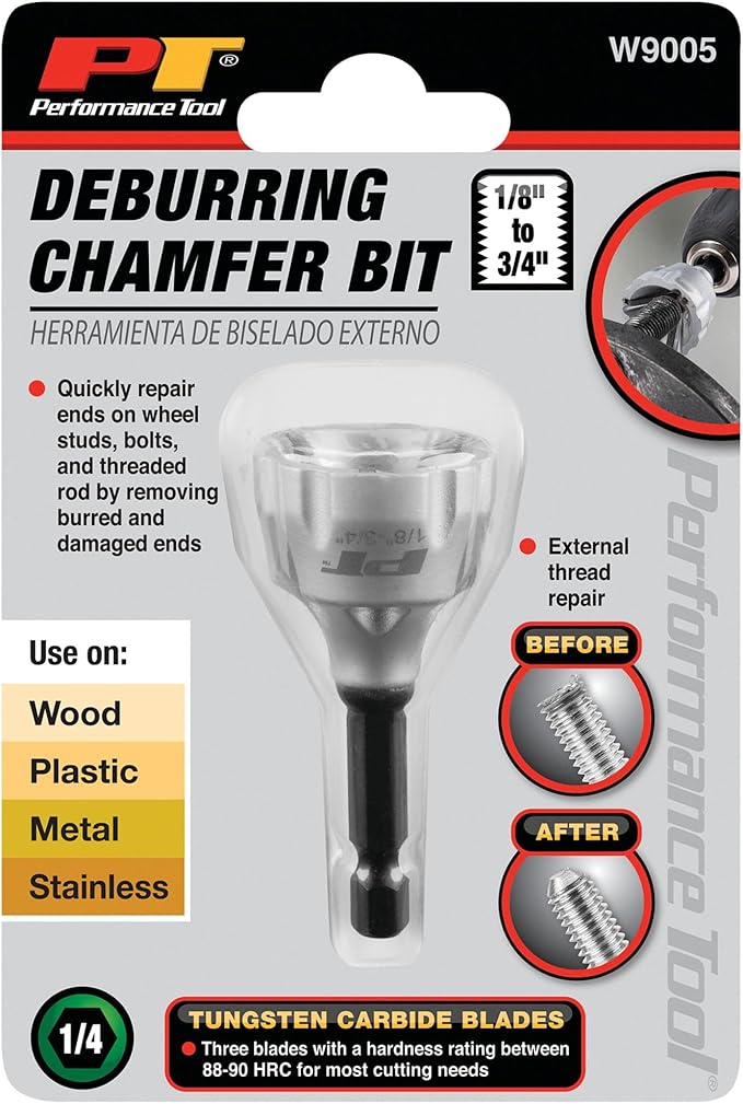 Performance Tool W9005 Wheel Stud/Bolt Thread Repair Tool with Tungsten Carbide Cutting Blades for Most Metals, 1/8-Inch-3/4-Inch Bit Capacity