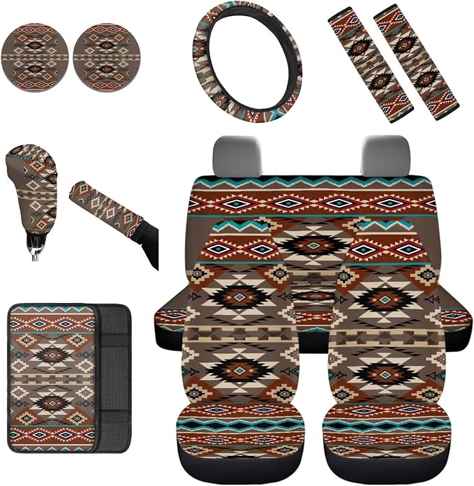 Dreaweet Geometric Aztec Car Seat Covers Full Set Southwestern Native American Seat Covers with Steering Wheel Cover,Center Console Cover,Seat Belt Pads,Coasters,Gear Shift & Handbrake Cover,12 Pcs