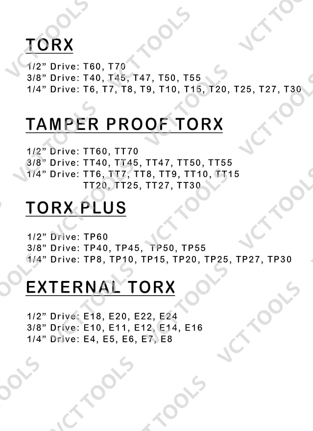 VCT 60PC Master Deep Long 6-Point Star Plus Socket Bit, Tamper Proof, Torx, and External Star/E-Torx Deep Socket Set