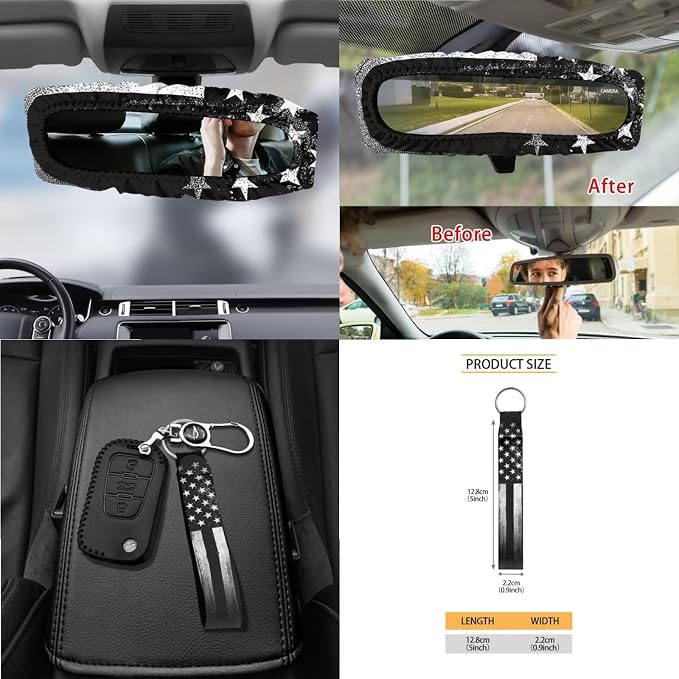 15Pcs Car Seat Cover Full Set Car Steering Wheel Cover Seat Belt Cover Trash Bin Air Vent Storage Box Front Rear View Mirror Car Cup Holder Keychain, Vintage American Flag Eagle