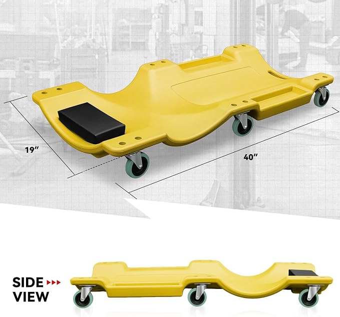 Auto Dynasty 40 Inches Mechanic Creeper, Automotive Garage Repair Low Profile Under Car Rolling Creeper with Padded Headrest, Plastic, Yellow