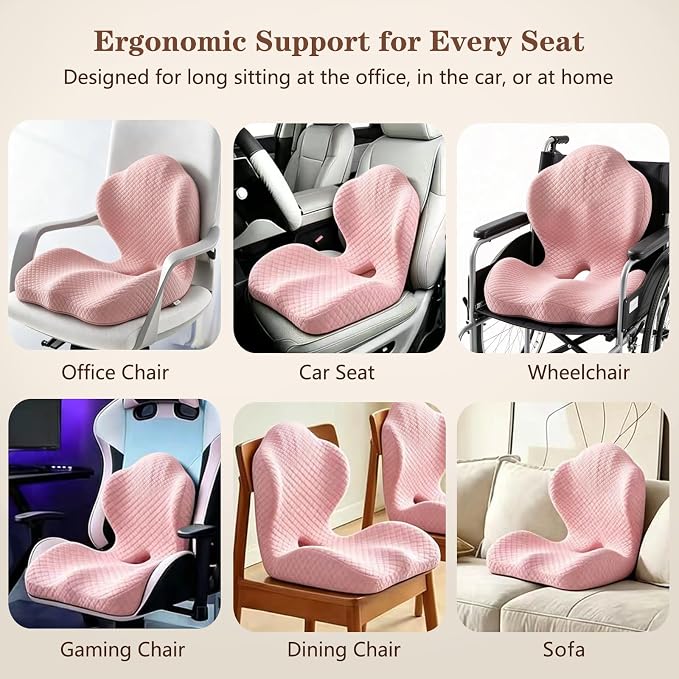 Ergonomic Memory Foam Seat Cushion with Back Support, L-Shaped Office Chair Cushion with Coccyx Cutout, Tailbone Support Cushion for Long Sitting, Car Seat Cushion for Driving, Home & Gaming Chair