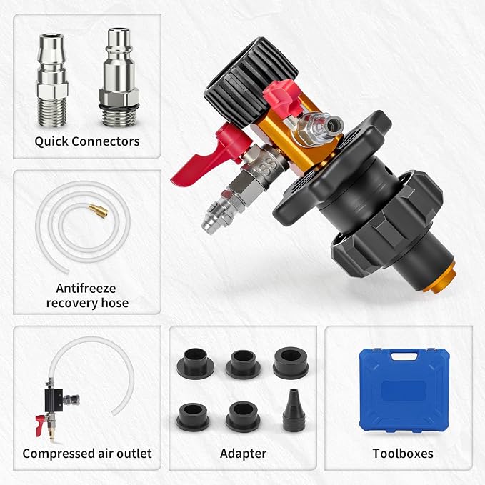 BELEY Coolant Vacuum Refill Kit, 9pc Auto Radiator Cooling System Tool Set with Conical Adapter 5 Round Adapters for Leak Detection Cooling Refill, Vacuum Coolant Fill Kit with Splashproof Hose