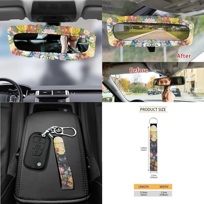 Cat Daisy Print Car Seat and Steering Wheel Cover Set with Safety Belt Pads Inside Rearview Mirror Cover Cup Cushions Trash Bin Car Vent Storage Pouch Key Chain Universal Fit