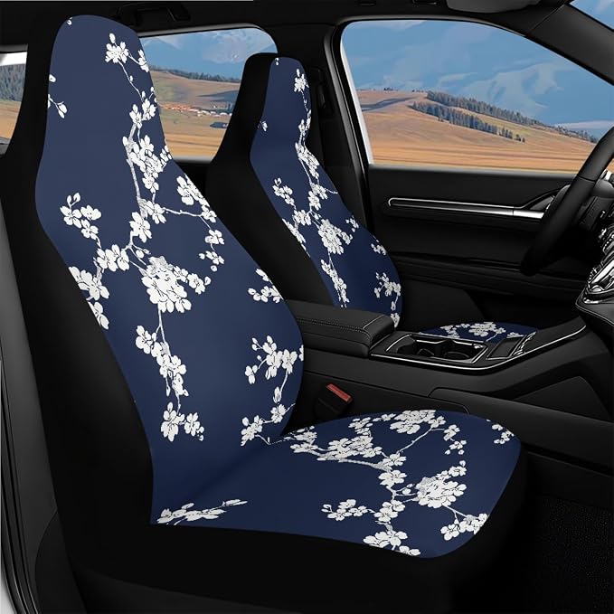 14 Pcs Floral Car Seat Covers Full Set Car Trash Can Coaster Seat Center Console Keychain Gear Lever and Handbrake Steering Wheel Seat Belt Covers/Chambray Bloom
