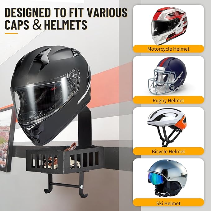 E Track Motorcycle Helmet Holder with Tray & Hooks, Universal Wall Mount Helmet Rack for Garage or Workshop Organization