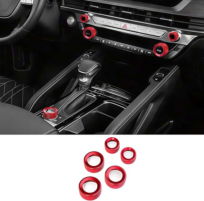 5PCS Aluminum Car Drive Mode Gear Shift Switch Cover,Radio Audio Volume Adjustment Knob Cover,AC Switch Button Knob Cover Compatible with Kia Telluride 2020-2024 Accessories (Red)