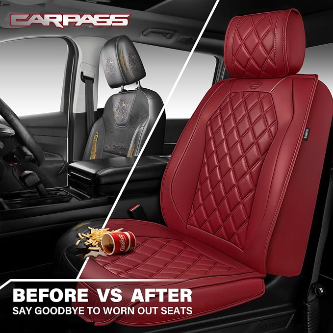 CAR PASS Burgundy Red Luxury Nappa Leather Seat Covers Front, 2 piece | 3D Rhombus Waterproof Leather Front Seat Covers, Universal Automotive Seat Cushion Fit for Sedan SUV Truck, Airbag Compatible