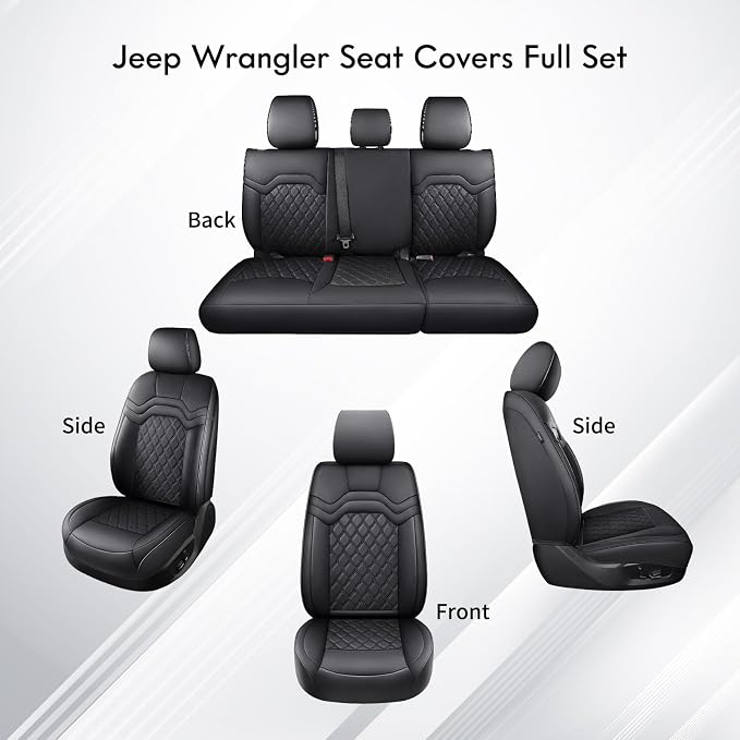 Huidasource for Jeep Wrangler JL Seat Covers 4 Door 2018-2026, Wrangler Waterproof Leather Seat Cover Full Set, Seat Cushion Covers for Wrangler JL 4-Door with Rear Cupholder (Full Set/Black)
