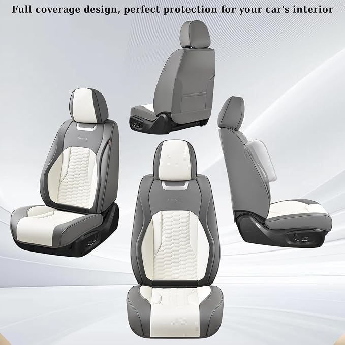Coverado Seat Covers for Cars, Luxury Leather Seat Covers Full Set, Waterproof Automotive Seat Covers Protector Universal Fit for Most Sedans, SUVs, Pick-up Trucks(Gray&White)