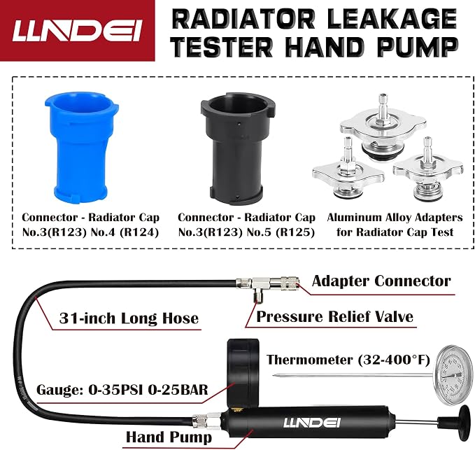 LLNDEI Coolant Radiator Pressure Tester Kit 28PCS Radiator Pressure Tester Pneumatic Vacuum Cooling System Purge Refill Leak/Refiller Set, Universal Automotive Domestic/Import Vehicles, Motorcycle