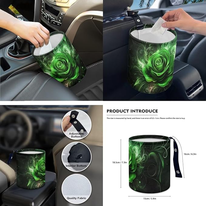 Green Rose Car Seat Covers Full Set for Women Cute Car Accessories Interior Car Steering Wheel Cover Seatbelt Covers Trash Bin Rear View Mirror Cover Cup Holders Keychain