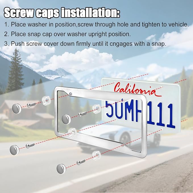 Rugged Stainless Steel License Plate Frame 2 Pack, Resistant Rustproof Car Tag Holder with Anti-Theft Screw Caps, Rattle-Proof Pads, Tire Valve Caps, Keychain & Cup Holder Mats, Car Accessories Set