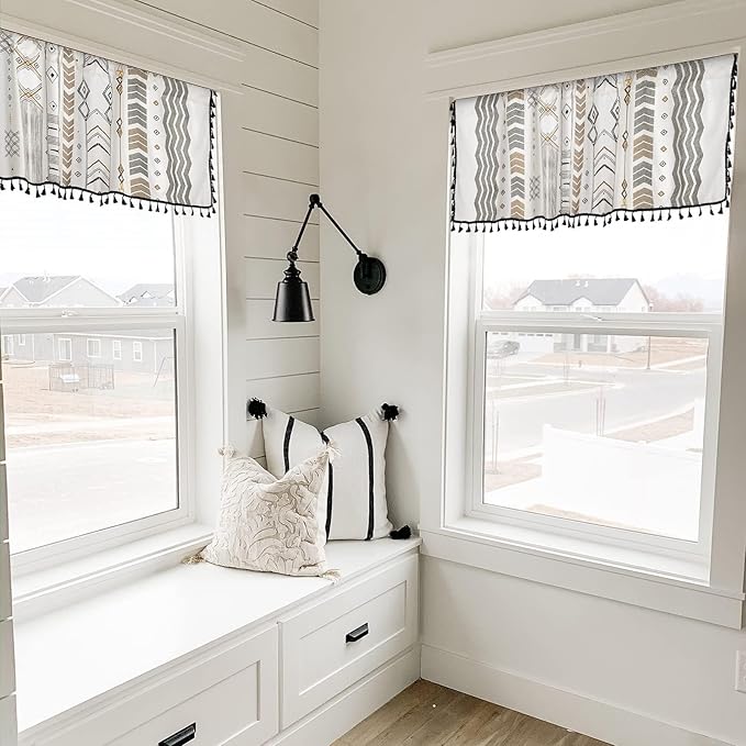 ColorBird Kitchen Window Curtains Over Sink Valance Short Boho Oven Curtain Basement Window Topper Light Filtering Rod Pocket 1 Panel for Cabinet RV (59" W x 18" L, Geometric)