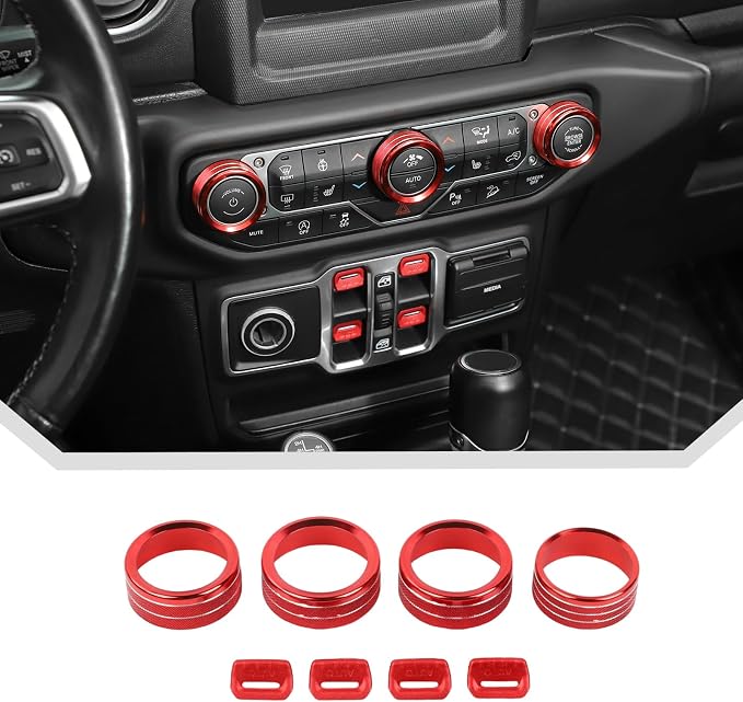 for Jeep Wrangler JL & Gladiator JT Window Switch Button Knob Cover Trim Kit, Red Aluminum Interior Decoration Accessories (2018–2024 2025+)