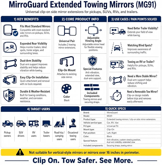 MG91 Dual-Arm Towing Mirrors for Trucks, SUVs, RVs & Trailers | Dual-arm support with extra securing straps and a rubber strap helps reduce vibration on highways and rough roads. Black.