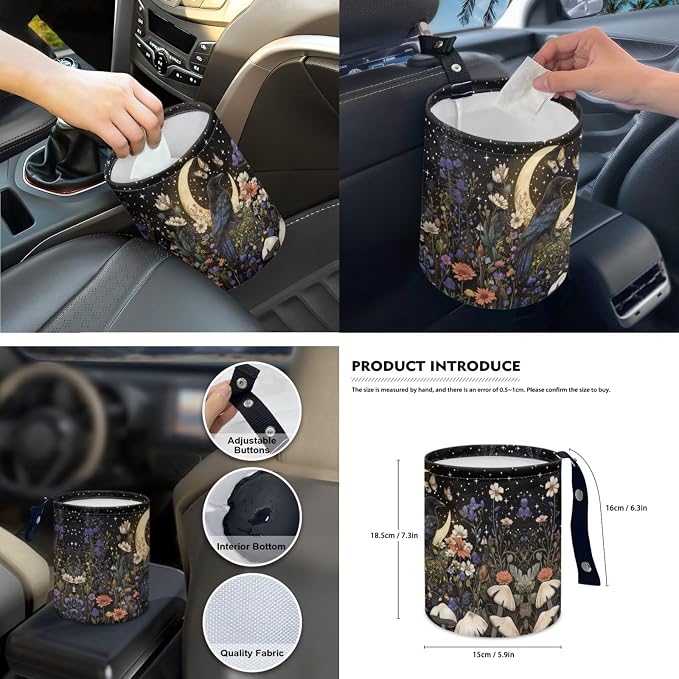 Moon Crow Seat Covers for Cars Full Set Universal Seat Covers Front and Back with Steering Wheel Cover Seatbelt Covers Car Coasters Trash Can Rearview Mirror Cover Keychain