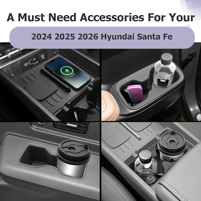 LUWU 2025 2026 Santa Fe Cup Holder Insert Set & Wireless Charging Protective Mat for Santa Fe 2024 2025 2026 Accessories Premium TPE Material 6-Pack (Door Side & Rear Third Row & Center Console)