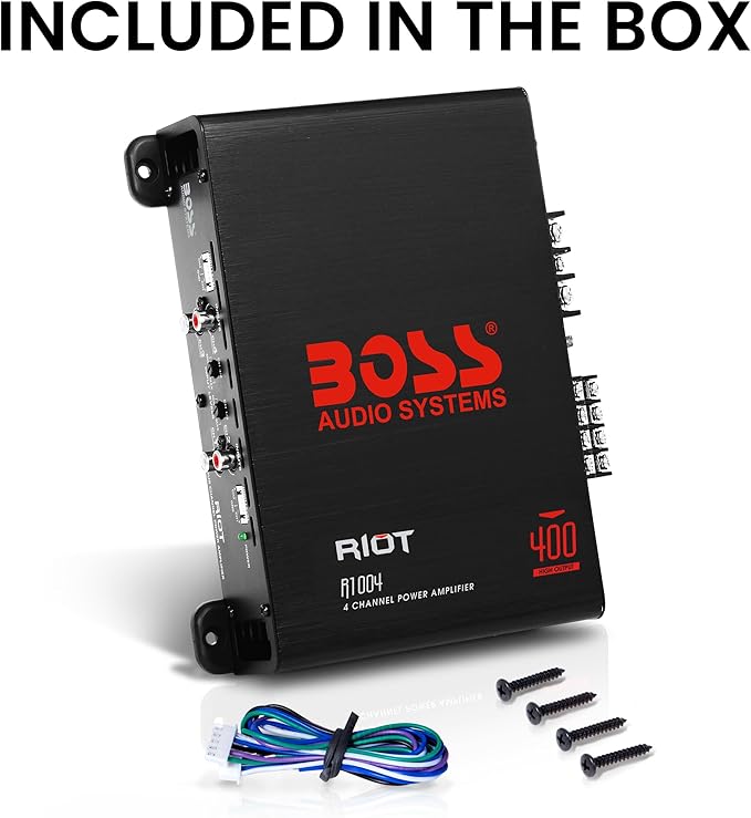 BOSS Audio Systems R1004 Riot Series 4 Channel Amplifier Car Audio - Class A/B, 400 High Output, 2-8 Ohm Stable, High/Low Level Inputs, Full Range