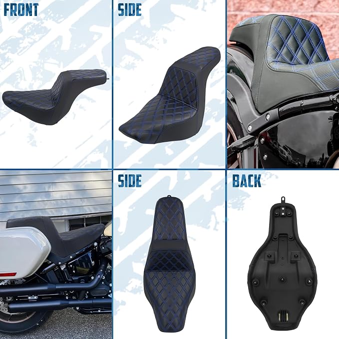 One-Piece Driver Passenger Seat Motorcycle 2-Up Seat Fit for Harley Sport Glide FLSB Low Rider FXLR FXLRS FXLRST 2018-later (Blue Stitching)
