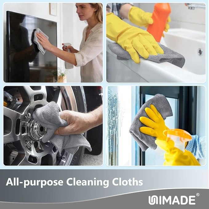 UNIMADE Microfiber Cleaning Cloth, 100 Sheets Microfiber Towels for Cars Commercial Grade Washcloths Lint-Free Bulk Shop Towel Cleaning Rags for Household Restaurant Garage Housekeeping, 11"x 9", Grey