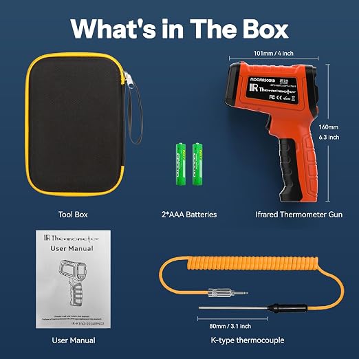 Infrared Thermometer Gun, -58°F to 2732°F, Dual-Mode 50:1 | 932°F K-Type Probe Included,Protective Tool Case Included,Industrial HVAC & Equipment Diagnostics