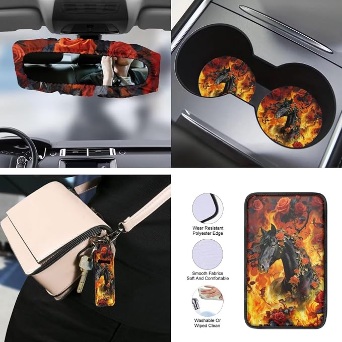 15 Pack Full Set Car Seat Covers Rose Horse Fire Print Car Front and Rear Seat Covers Steering Wheel Cover Seatbelt Pads Armrest Cushion Headrest Protectors, Easy to Install