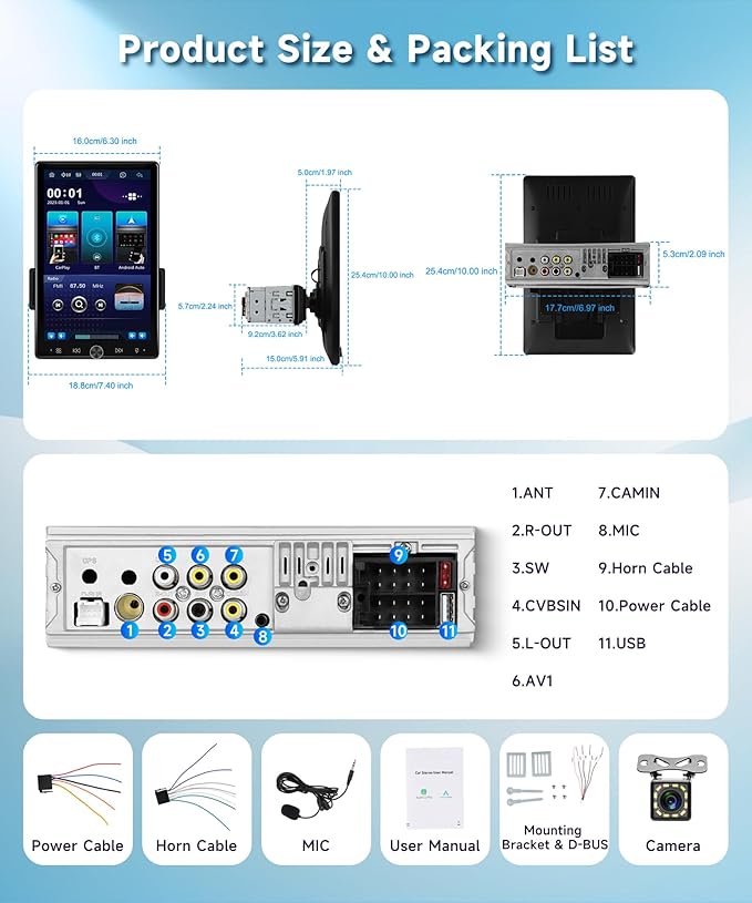 10.4 Inch Single Din Car Radio, Wireless CarPlay Android Auto, 1 Din 2.5D Detachable Touchscreen Car Stereo, Bluetooth FM EQ USB SWC, Support Mirror Link & Backup Camera