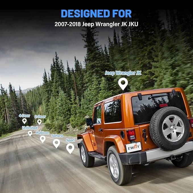 EWAY Safety Backup Rear View Camera for Jeep Wrangler 2007-2018 Reverse Reversing License Plate Camera & for Jeep Wrangler JK Backup Camera Video in-Dash Radio Wire Input Harness AV Plug to Display