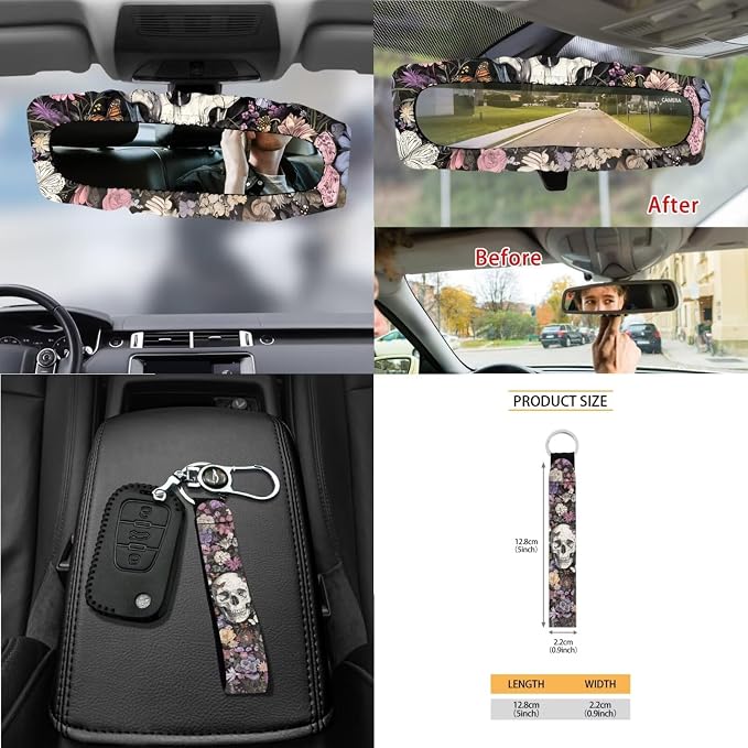Skull Boho Floral Car Seat Cover Sets Steering Wheel Cover Seat Belt Cover Trash Bin Air Vent Storage Box Front Rear View Mirror Cup Holder Keychain 15Pcs Car Accessories