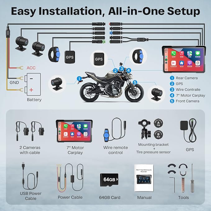 WonVon Motorcycle CarPlay Screen with Android Auto – 7” Waterproof GPS, Pantalla para Moto, Apple CarPlay, Navigation System for Motorcycle, Dual 4K Dash Cam Bluetooth Audio, BSD & TPMS