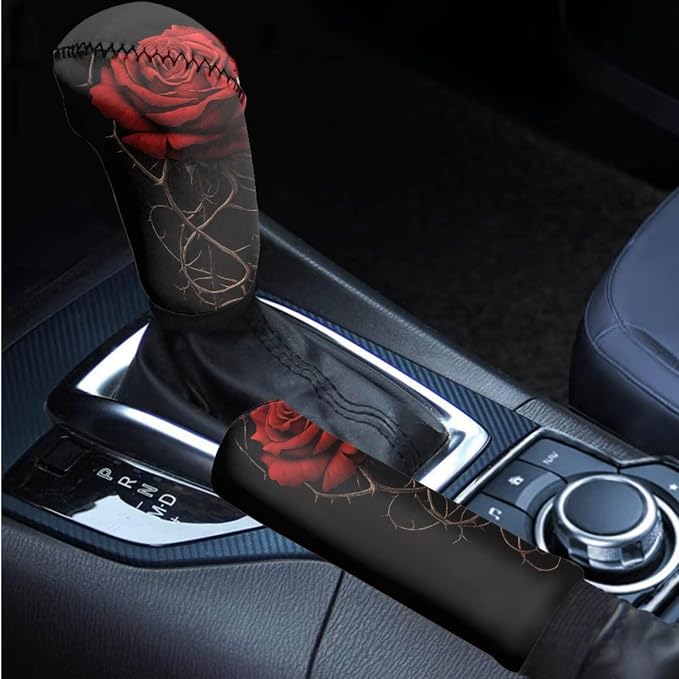 BIGCARJOB 12 Pcs Car Seat Covers Full Set for Women Interior Accessories Auto Seat Protector Set Red Rose Armrest Cushion,Seat Belt Pads,Steering Wheel Covers