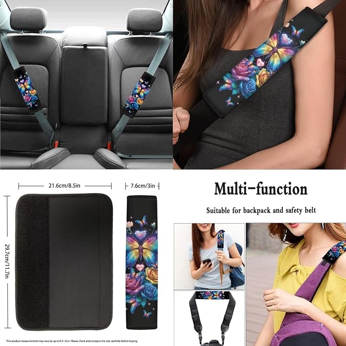8 Pcs Dream Butterfly Car Seat Covers Full Set Car Accessories for Women Front Seat Cover Steering Wheel Armrest Cover Seat Belt Cover for Auto SUV Interior Decoration