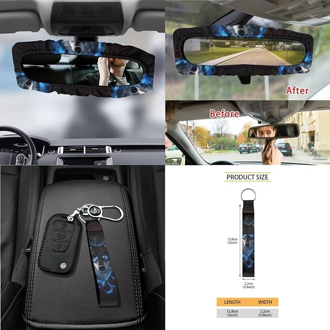 Wolf Flame Print Car Accessories Sets Wild Camo Car Seat Cover Steering Wheel Cover Seat Belt Pads Trash Cans Universal fit for SUV,Van,Saden,Truck Automobile Interior Sets, 15 Pcs, Black