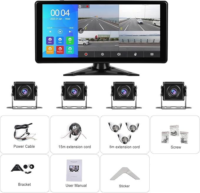 10.36" 4K RV Backup Camera System DVR Recording Quad Split Touch Screen Monitor, 4X 1080P Full Color Night Vision IP67 Waterproof, Parking Mode, Bluetooth, FM, 9-36V for RV Truck Trailer Tractor
