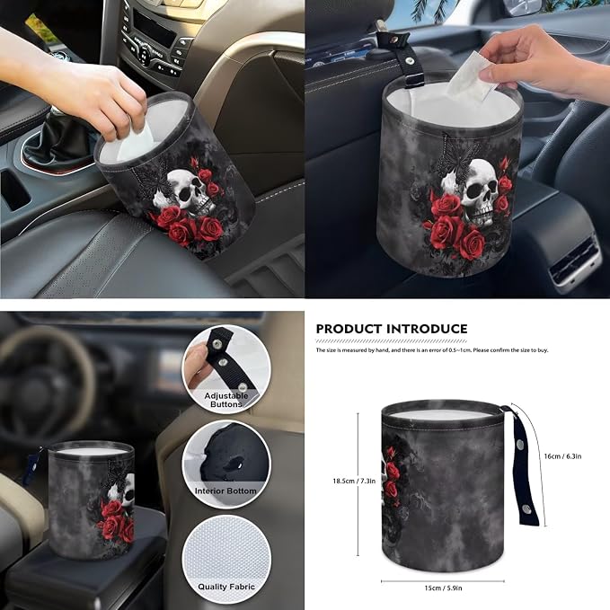 Rose Skull Car Seat Covers Full Set for Women Cute Car Accessories Interior Car Steering Wheel Cover Seatbelt Covers Trash Bin Rear View Mirror Cover Cup Holders Keychain