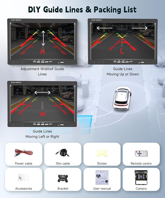 RV Backup Camera System with 7" LCD Monitor,DIY Guide line,18 IR LEDs Night Vision, Waterproof, 4-pin Aviation Rear View Camera for Car Truck Camper Trailer Excavator Caravan Bus RV(12-24V)