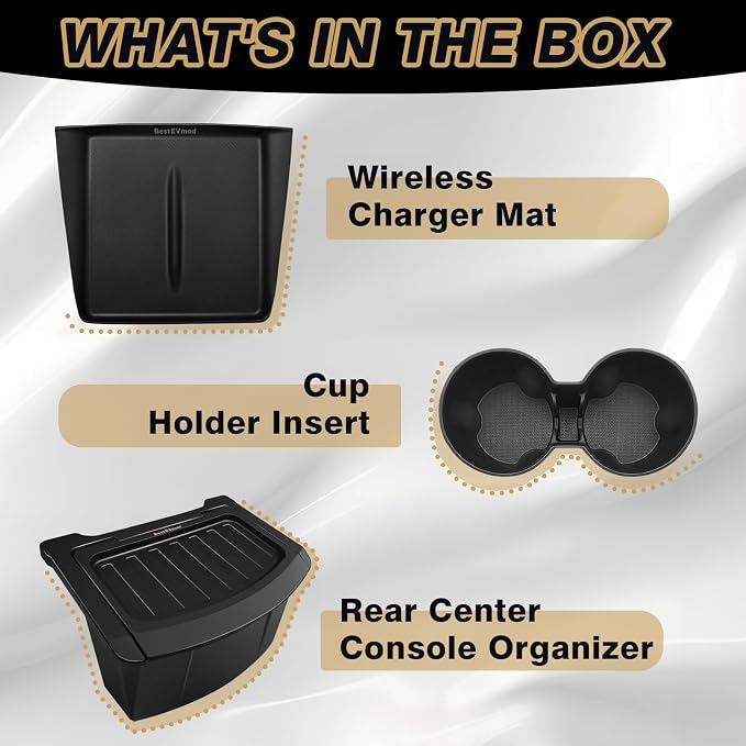 BestEvMod for 2026+ Model Y Juniper Refresh 3PCS Console Essentials Bundle Trash Can Backseat Storage Box Garbage Rear Bin Can Rear Center Console Organizer & Wireless Charger Mat & Cup Holder Insert