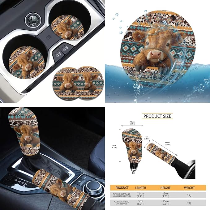 Tupalatus 9 Pcs Aztec Cow Cute Car Seat Covers with Steering Wheel Cover Auto Seat Belt Cover Coasters Gear Shift Cover Hand Brake Cover Car Accessories Set for Men Women